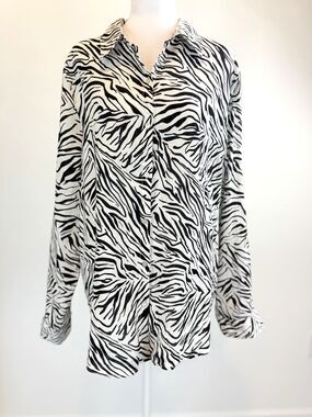 Cynthia Rowley 100% Linen Zebra Print Button Front Blouse XL 16